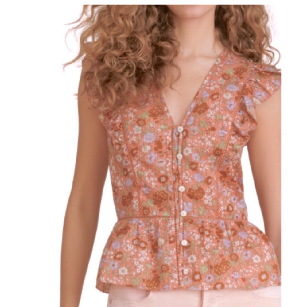VERONICA BEARD Araya Top Coral Floral Ruffle Button Front Eyelet Detail Blouse 2